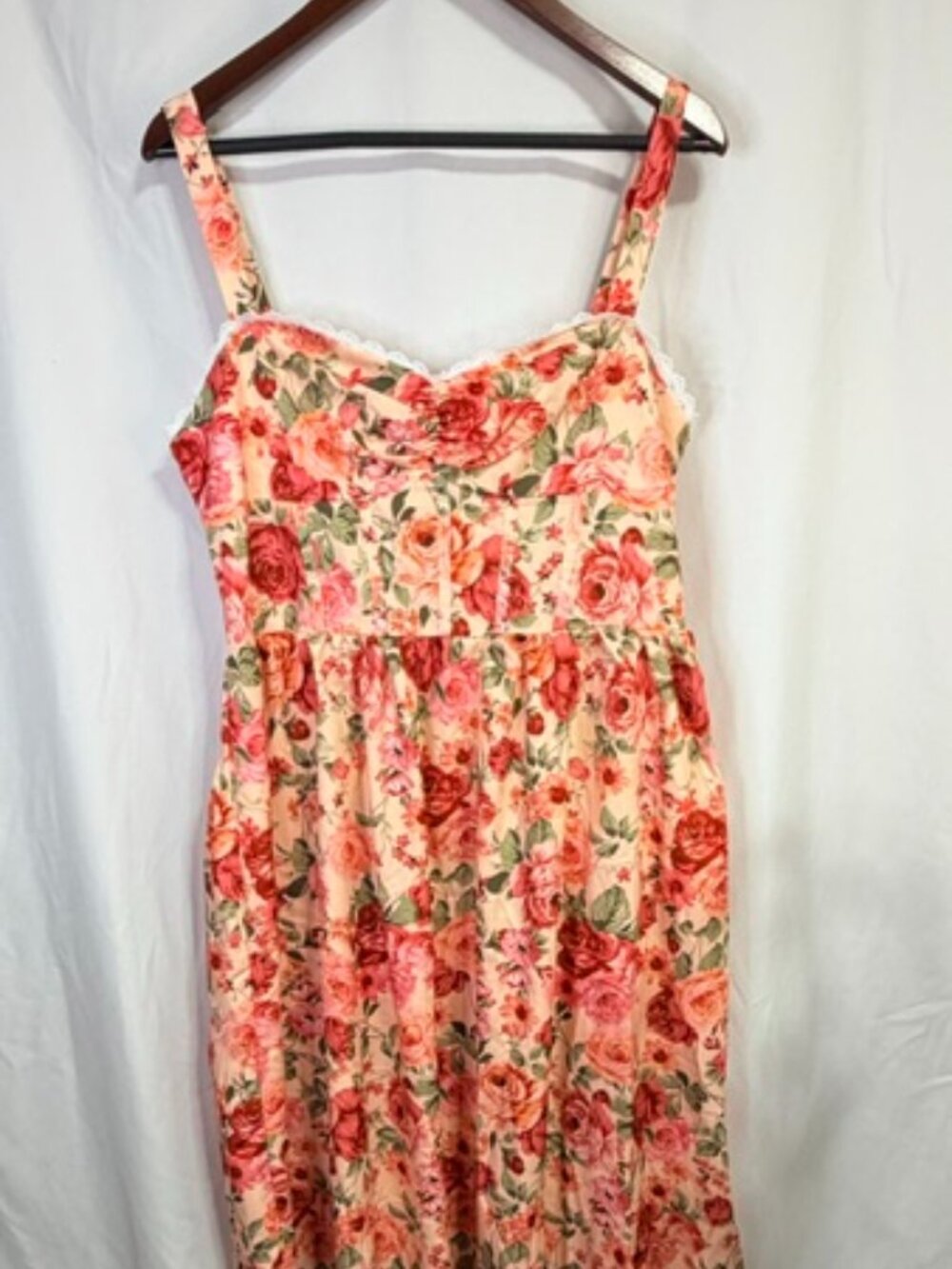 Floral Print Corset Bustier Midi Dress with White Lace Trim & Smocked Back Sz Lg